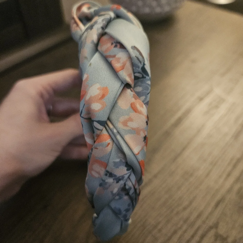 Light blue Braided Headband with Peach color Foral design